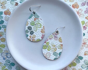 Leather Earrings- Mini Drop in pastel petal print. Pastel earrings. Hypoallergenic sterling silver hooks. Light weight earrings.