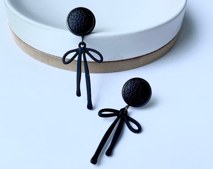 Featured listing image: Leather dangle earrings- black bow with black leather stud. Stainless steel post. Hypoallergenic. Light weight earring. 12mm stud.