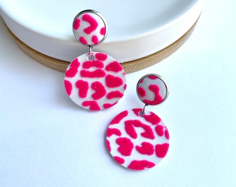 Large leather dangle earrings in flocked pink leopard. Stainless steel. Hypoallergenic. Light weight earring. 12mm stud. Leopard earrings.
