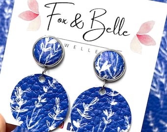 Large leather dangle earrings in cobalt vine. Stainless steel post. Hypoallergenic. Light weight earring. 12mm stud. Floral earrings.