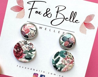 Small leather dangle earrings in rose watercolour. Floral earrings. Stainless steel. Light weight. Small version- 10mm stud 16mm circle