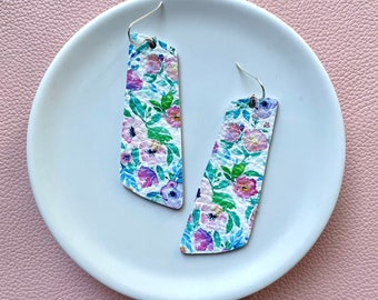 Leather earrings- The Nova in floral field print Light weight earrings. Pink earrings. Floral earrings. Hypoallergenic sterling silver hook.