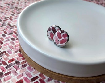Cork studs in pink chevron print. Hypoallergenic surgical stainless steel bezel. Unique studs.
