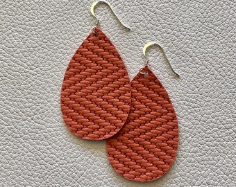 Leather Earrings- Mini Drop in peach zigzag print. Hypoallergenic sterling silver hooks. Light weight earrings.