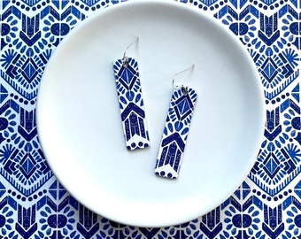 Leather earrings- Bar design in Aztec blue print. Hypoallergenic sterling silver hooks. Light weight earrings. Aztec earrings