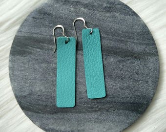 Leather earrings- Bar design in tiffany green. Hypoallergenic sterling silver hooks. Light weight earrings.
