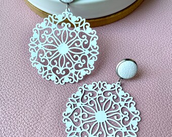 White mandala dangle earrings with 12mm leather stud. Hypoallergenic stainless steel. White dangle earrings. Butterfly back.