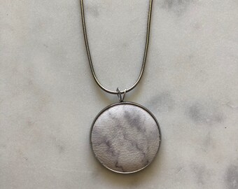 Leather Pendant Necklace in our Marble print. Choice of short or long chain. All hypoallergenic surgical stainless steel.