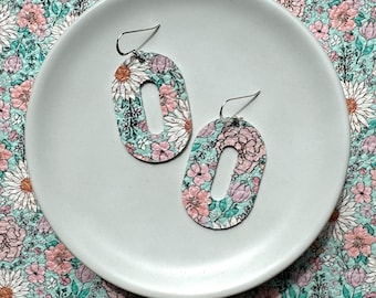 Leather earrings Sienna hoop in boho floral with sterling silver hook. Light weight earrings. Hypoallergenic earrings. Boho earrings.