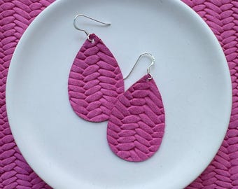 Leather Earrings- Mini Drop in fuchsia pink Braided print. Hypoallergenic sterling silver hooks. Light weight earrings. Pink earrings.