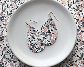 Leather Earrings- Mini Drop in granite print. Hypoallergenic sterling silver hooks. Light weight earrings.