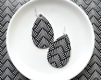 Cork Earrings with leather backing- Mini Drop in Art Deco. Hypoallergenic sterling silver hooks. Light weight earrings. Monochrome earrings.