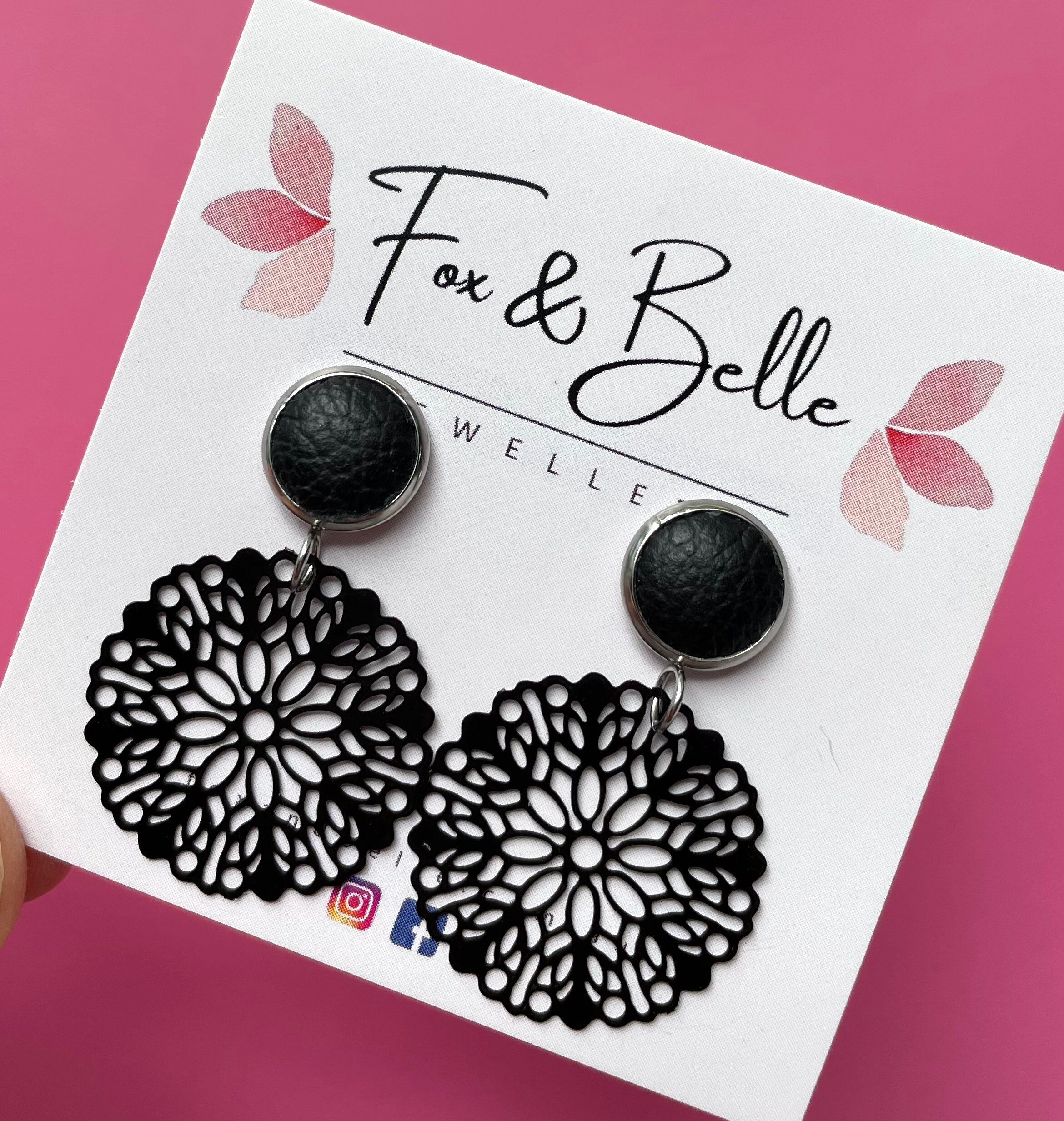 Black flower mandala dangle earrings with 10mm leather stud