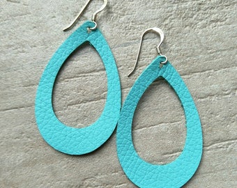 Leather Earrings- MINI Silhouette tiffany green print. Hypoallergenic sterling silver hooks. Light weight earrings.