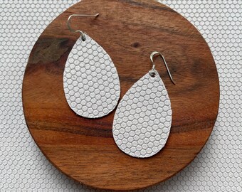 Leather Earrings- Mini Drop in white honeycomb print. Hypoallergenic sterling silver hooks. Light weight earrings.