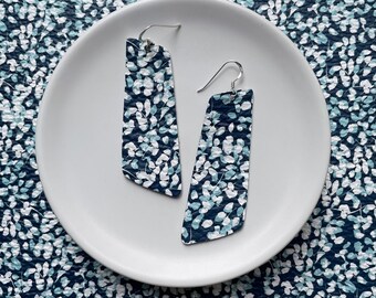 Leather earrings- The Nova in blue flower print. Light weight earrings. Blue earrings. Floral earrings. Hypoallergenic sterling silver hook.