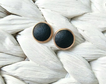 Rose Gold Leather studs in black. Hypoallergenic surgical stainless steel bezel.