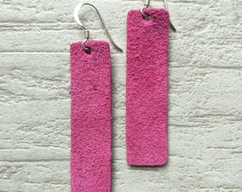 Leather earrings- Bar design in fuschia suede. Hypoallergenic sterling silver hooks. Light weight earrings.