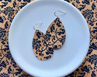 Cork Earrings- Mini Drop in Navy Vine Cork. Hypoallergenic sterling silver hooks. Light weight earrings.
