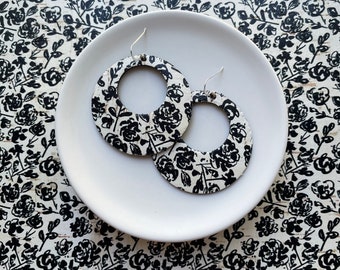 Cork earrings with leather backing - The Eclipse in black and white floral. Round earrings. Sterling hooks. Light weight earrings.