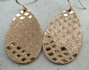 Leather Earrings- Mini Drop in rose gold sparkle print. Hypoallergenic sterling silver hooks. Light weight earrings.