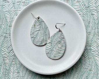 Cork Earrings with leather backing- Mini Drop in Sage. Green earrings. Sterling silver hooks. Light weight earrings.