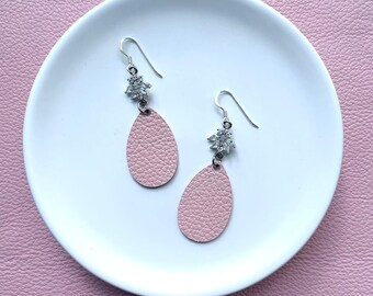 Cubic zirconia dangle earrings in silver and pink. Bling earrings. Crystal earrings. Gem earrings. Light weight earrings. Leather earrings.
