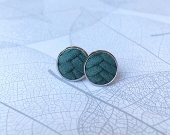 Leather studs in pine green braided print. Hypoallergenic surgical stainless steel bezel.