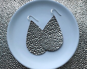 Leather Earrings- Tear Drop gold bubble print. Hypoallergenic sterling silver hooks. Light weight earrings.
