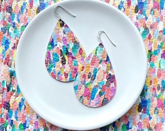 Leather Earrings- Tear Drop colourful confetti print. Colourful earrings. Hypoallergenic sterling silver hooks. Light weight earrings.