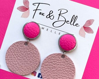 Colour block leather earrings in tickled pink. Hot pink and baby pink earrings. Hypoallergenic stainless steel. 12mm stud. Light weight.