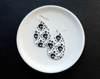 Leather Earrings- Mini Drop in skull print. Halloween earrings. Skull earrings. Hypoallergenic sterling silver hooks. Light weight earrings.