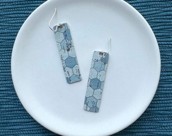 Cork earrings with leather backing- Bar design in blue hive print. Hypoallergenic sterling silver hooks. Light weight earrings. Blue earring