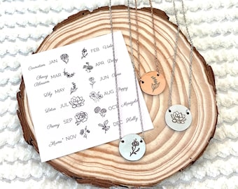 Birth flower necklace. Adjustable length. Available in silver or rose gold. All hypoallergenic surgical stainless steel.