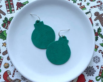 Christmas bauble earring in suede green. Round bauble earrings. Christmas earrings. Xmas earrings. Bauble earrings.