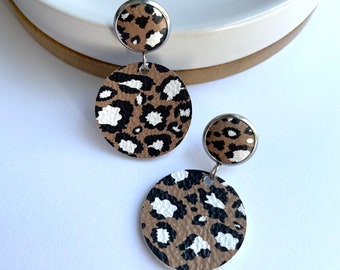Large leather dangle earrings in wild thing leopard with leather stud. Stainless steel. Hypoallergenic. Light weight earring. 12mm stud.