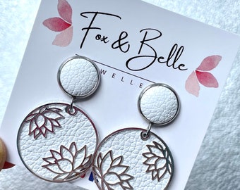 Leather dangle earrings- lotus in white with silver. Stainless steel post. Hypoallergenic. Light weight earring. 12mm stud. White earrings.