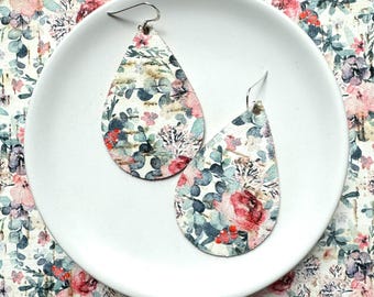 Cork Earrings with leather backing- Tear Drop in rose watercolour. Hypoallergenic sterling silver hooks. Light weight earrings.