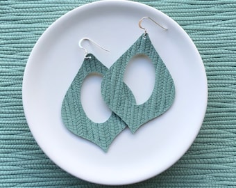 Leather Earrings- Genie shape Bamboo Weave in forest green. Hypoallergenic sterling silver hooks. Light weight earrings.
