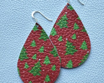 Leather Earrings- Tear Drop Christmas tree print. Hypoallergenic sterling silver hooks. Light weight earrings.