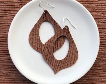 Leather Earrings- Genie shape Bamboo Weave in pecan. Hypoallergenic sterling silver hooks. Light weight earrings.