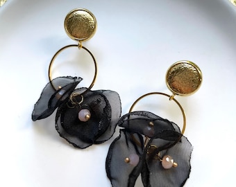 Leather earrings- dangle earrings in black poppy. Floral earrings. Flower earrings. 10mm gold leather stud. Light weight earrings.