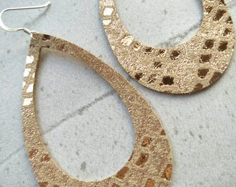 Leather Earrings- Silhouette rose gold sparkle print. Hypoallergenic sterling silver hooks. Light weight earrings.