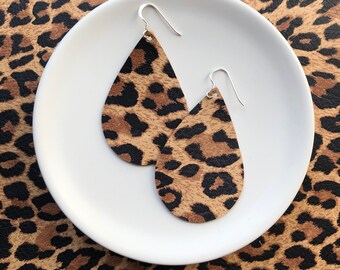 Leather Earrings- Tear Drop leopard print. Hypoallergenic sterling silver hooks. Light weight earrings.
