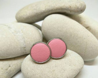 Leather studs in blush pink print. Hypoallergenic surgical stainless steel bezel.