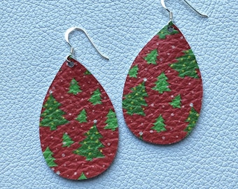 Leather Earrings- Mini Drop in Christmas tree print. Hypoallergenic sterling silver hooks. Light weight earrings.