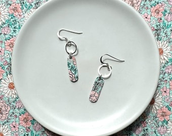 Dainty dangles in boho floral. Leather dangle earrings. Light weight earrings. Boho earrings. Floral earrings. Hoop earrings.