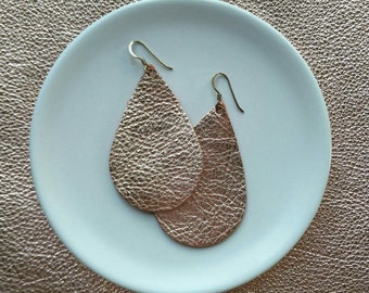 Leather Earrings- Tear Drop rose gold print. Hypoallergenic sterling silver hooks. Light weight earrings.