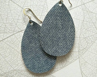 Leather Earrings- Mini Drop in blue jeans print. Hypoallergenic sterling silver hooks. Light weight earrings. CLEARANCE!
