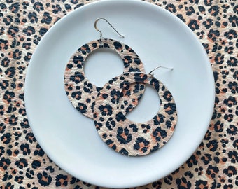 Leather earrings - The Eclipse in peach, tan and orange leopard. Hypoallergenic sterling silver hooks. Light weight earrings.